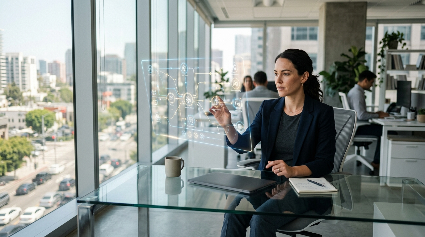 A technology leader watching autonomous AI agents orchestrate business workflows in a modern office environment.